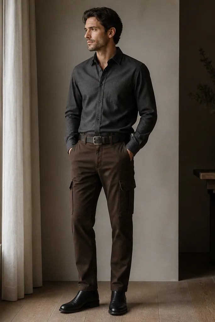 A man wearing dark brown cargo pants with a charcoal button-up shirt tucked in. He wears black Chelsea boots and a black belt; the shirt sleeves are unrolled.