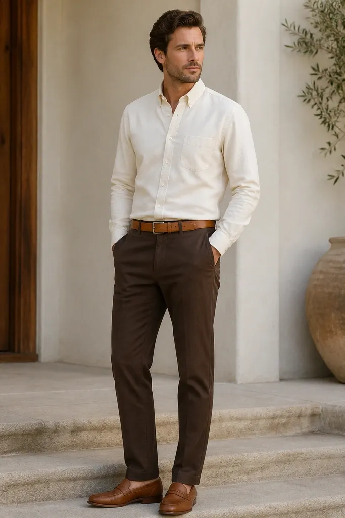 A man wearing dark brown midweight chinos with a straight, slightly tapered leg, a cream button-down oxford shirt with sleeves down, and cognac leather loafers. A tan leather belt matches the shoe. The outfit looks clean and smart in natural light.