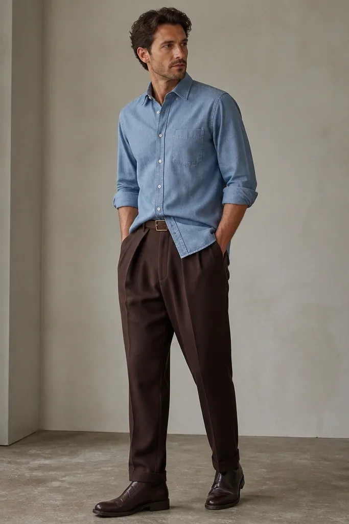 A man in dark brown pleated trousers with a wider thigh and a slight taper to the ankle, wearing a light blue chambray shirt with the sleeves rolled to mid-forearm, and dark brown leather boots. He has a slim dark belt and the shirt is untucked.