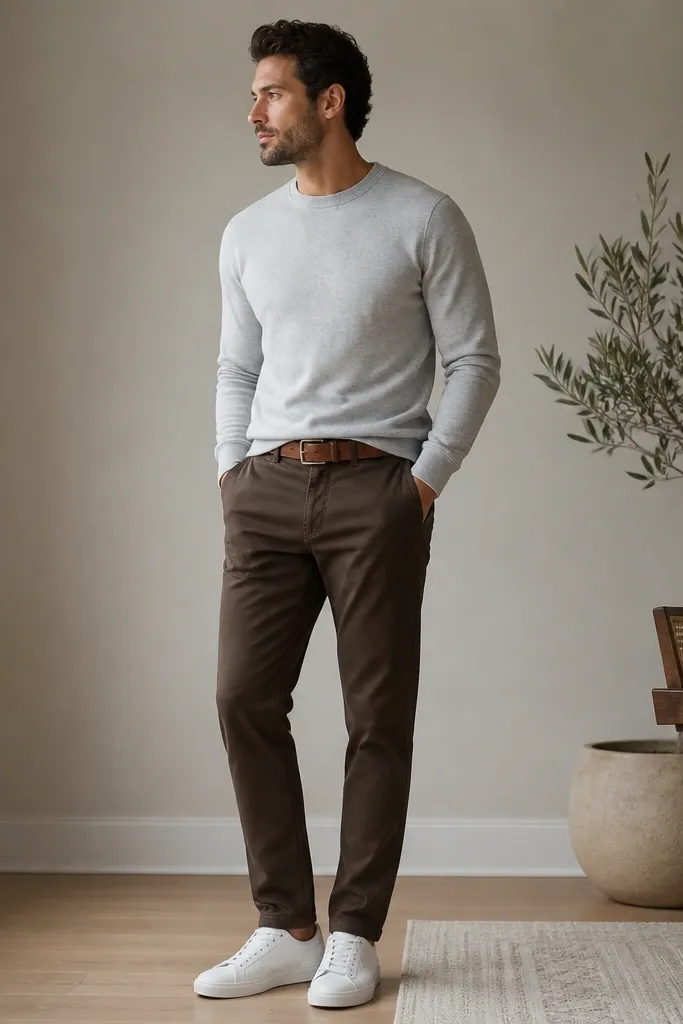 A man wearing dark brown chinos, a heather gray crewneck sweatshirt, and clean white leather low-top sneakers. The belt is a medium brown with a simple buckle, and the pants hem breaks lightly at the shoe.