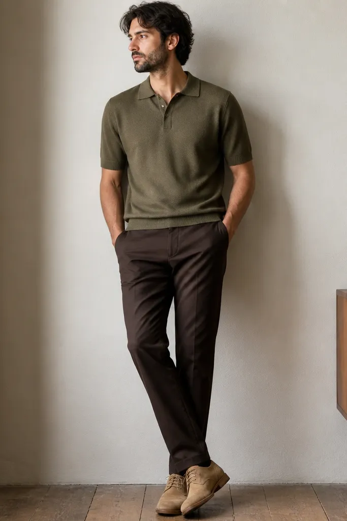 A man in dark brown straight-leg pants with a matte finish, an olive knit polo shirt, and tan suede desert boots. The collar sits flat, and the outfit looks casual but put together.