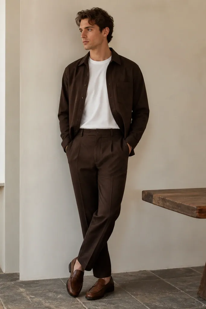 A man wearing a plain white tee under a dark brown overshirt, dark brown pants, and brown leather loafers. The overshirt is unbuttoned, with a clean collar and visible seam lines.