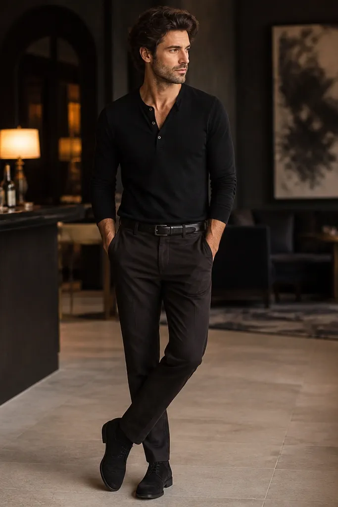 A man wearing a black henley with a few buttons open, dark brown pants, and black suede chukka boots. The belt is black leather, and the outfit looks night-ready.