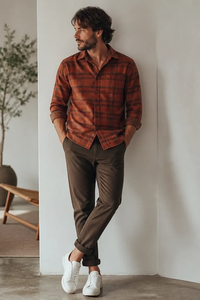 A man wearing a rust-colored flannel button-down, dark brown chinos rolled at the ankle, and white sneakers. The shirt is slightly untucked with a relaxed drape.