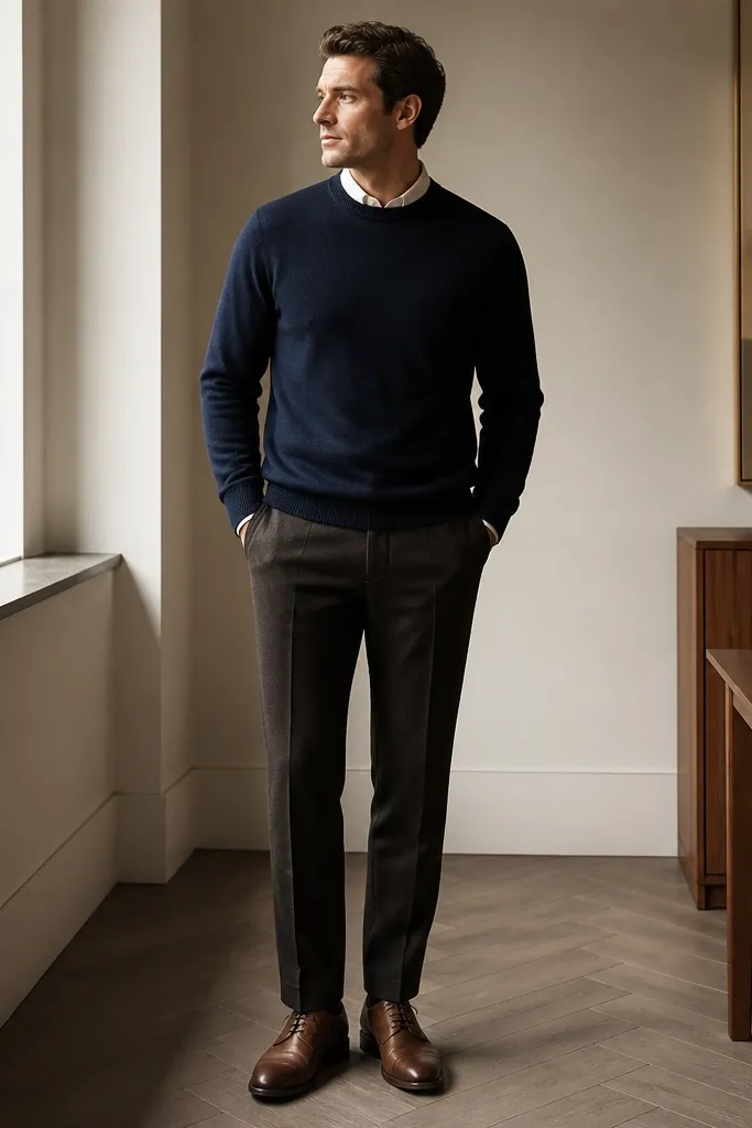 A man wearing a navy crewneck sweater, dark brown wool trousers, and classic brown oxford shoes. The sweater hem covers the waistband and the outfit looks office-ready.