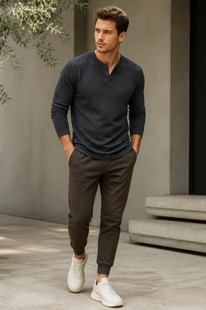 A man wearing a charcoal henley, dark brown jogger-style pants that taper to the ankle, and clean trainers in off-white. The outfit looks sporty but neat.