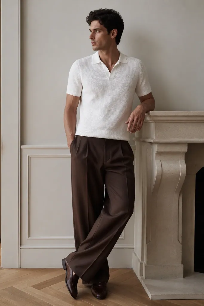 A man wearing a white knit polo, dark brown wide-leg pants that drape with a slight break, and brown leather loafers. The outfit looks airy through the legs.