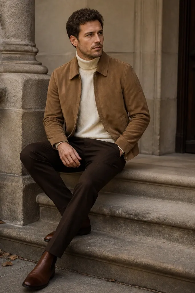 A man wearing a tan suede jacket over a cream turtleneck, dark brown pants, and brown leather boots. The jacket has a clean zipper or snap front and the outfit looks warm and fall-ready.