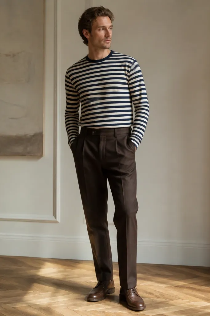 A man wearing a navy-and-cream striped long-sleeve shirt, dark brown pants, and brown derby shoes. The shirt is tucked neatly and the stripes are evenly spaced.