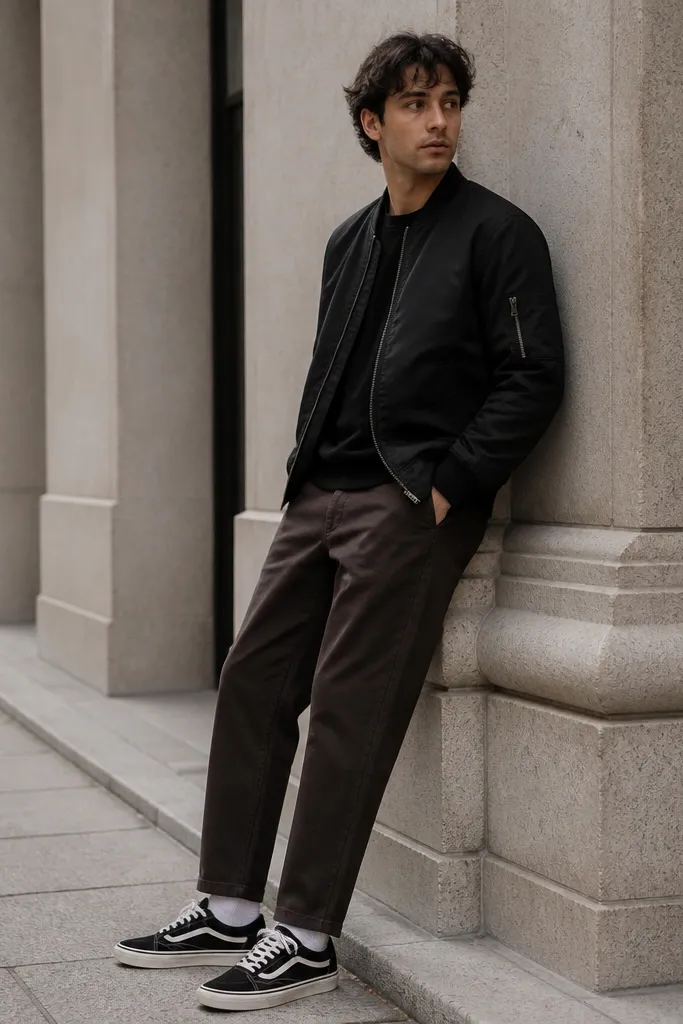 A man wearing a black bomber jacket over a dark shirt, dark brown pants, and low-top sneakers. White crew socks peek above the shoe, and the outfit feels street-casual.