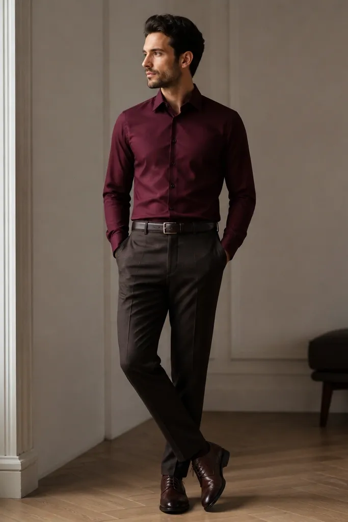 A man wearing a burgundy button-down shirt, dark brown wool dress pants, and dark brown oxford shoes. The shirt is fully tucked, and the belt matches the shoes.