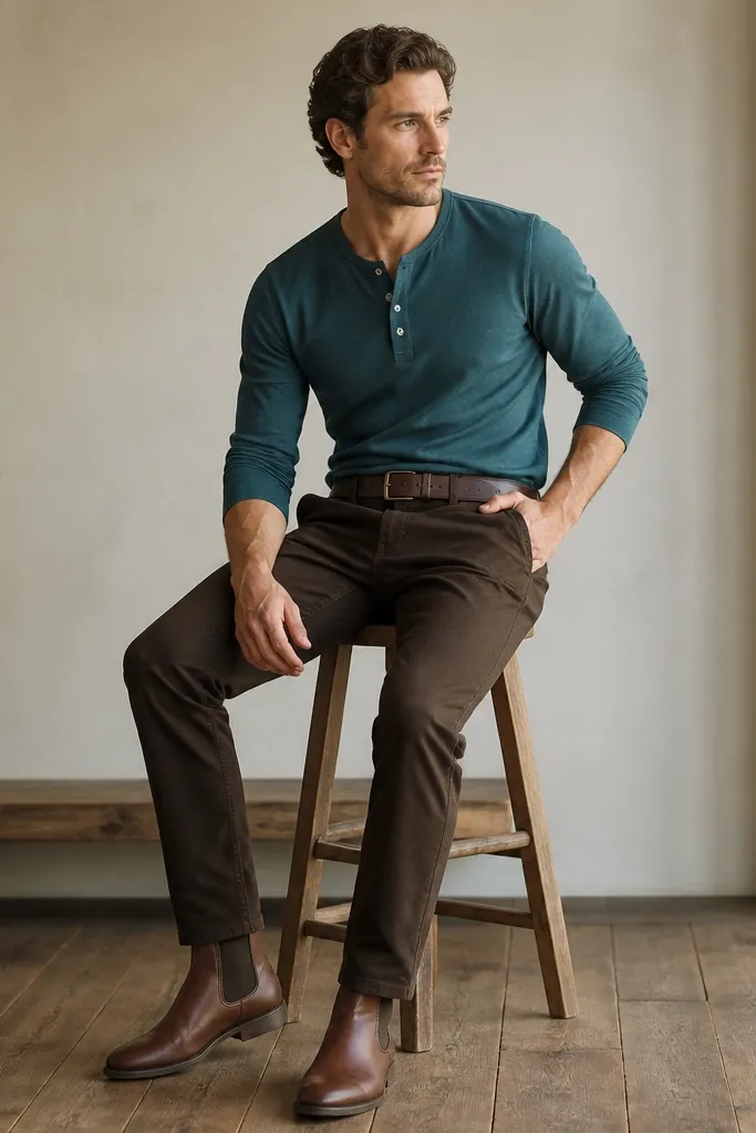 A man wearing a teal henley, dark brown pants, and brown leather Chelsea boots with elastic side panels. The outfit is clean and casual, with a belt in matching brown.