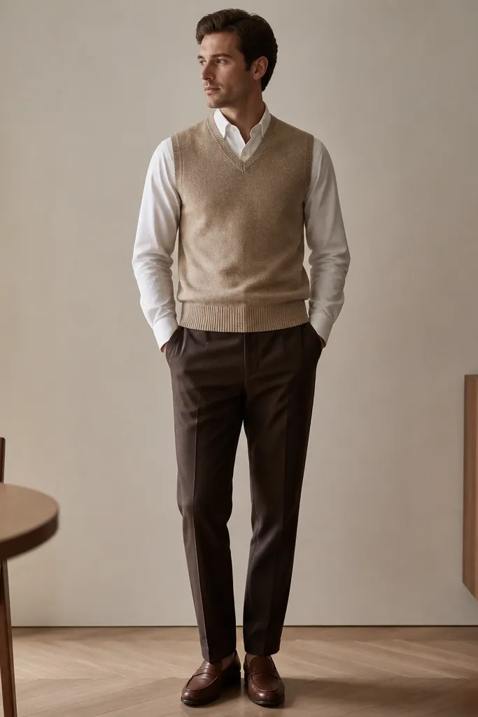 A man layering a sand sweater vest over a white button-down, wearing dark brown pants, and brown loafers. The shirt collar shows neatly and the vest is fitted through the waist.