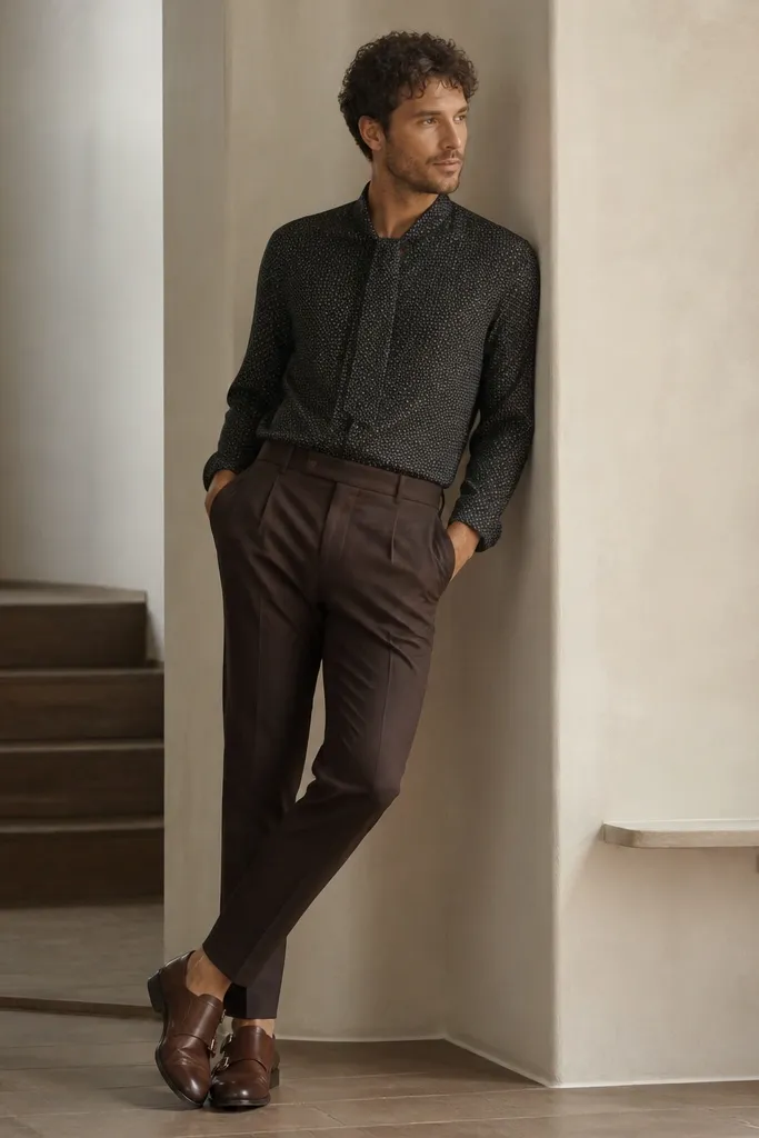 A man wearing a dark patterned tie-neck shirt (subtle print), dark brown pants, and brown leather monk strap shoes. The shirt is tucked and the outfit looks dressy but not stiff.