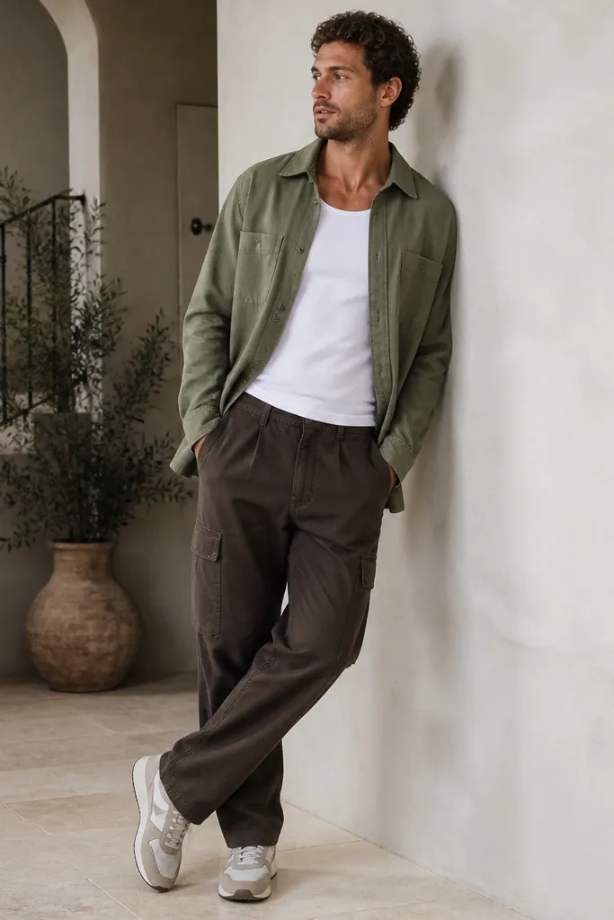 A man wearing a white tank top under an open olive overshirt, dark brown cargo pants with structured pockets, and neutral trainers. The overshirt drapes slightly and the outfit looks laid-back.