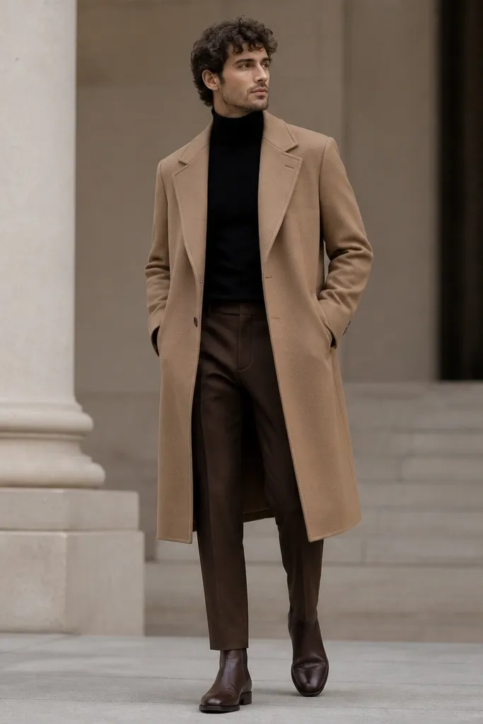 A man wearing a black turtleneck, dark brown pants, and a long camel wool coat. He has dark brown boots and a black belt or no visible belt under the coat.