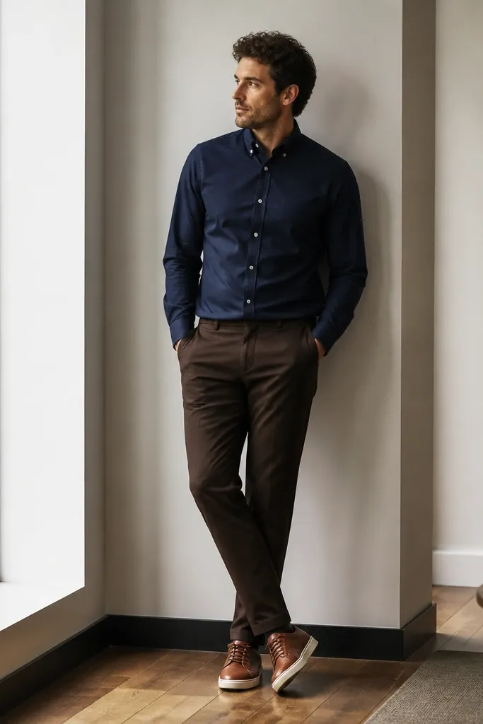 A man wearing a navy oxford button-down, dark brown pants, and brown leather sneakers. The shirt is buttoned with the sleeves down and the outfit looks office-casual.