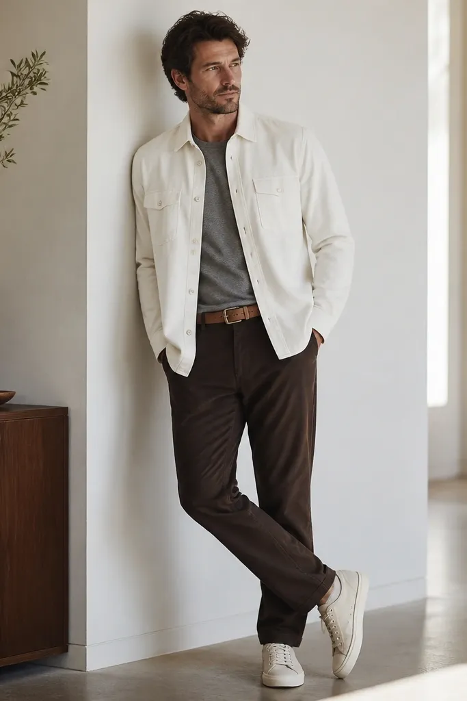A man wearing a white canvas overshirt over a gray tee, dark brown pants, a tan belt, and canvas sneakers in cream. The outfit looks casual and clean.