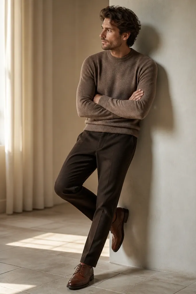 A man wearing a mocha-brown sweater, dark brown pants, and brown leather brogues with decorative perforations. The belt matches the shoes and the sweater hem covers the waistband.
