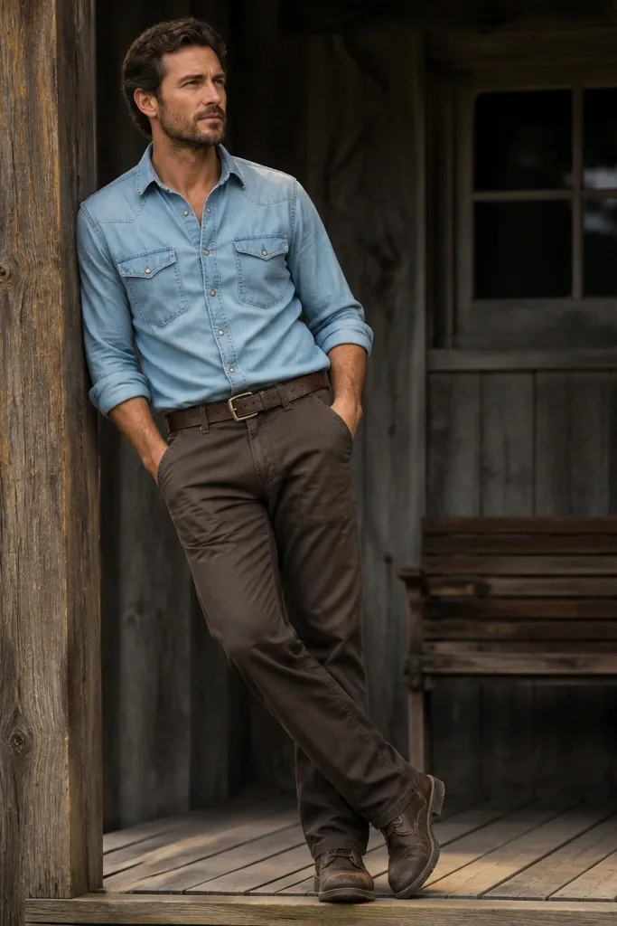A man wearing a light blue denim button-up shirt, dark brown pants, and dark brown work boots. The shirt is tucked with a slight break at the hem and the outfit looks rugged.