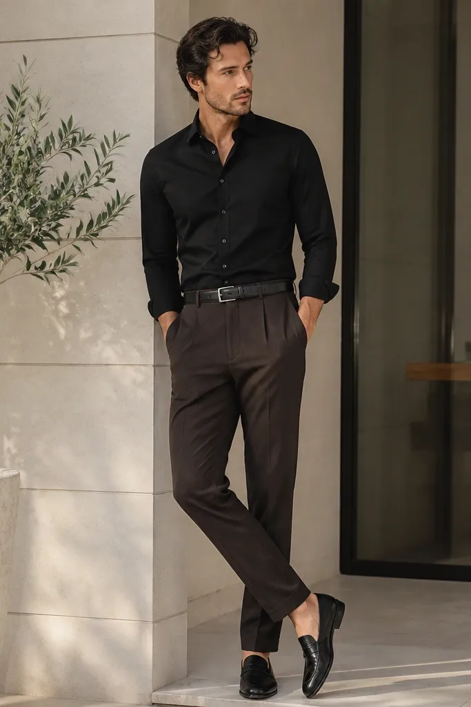 A man wearing a black button-down shirt tucked into dark brown pants, with black leather loafers and a black belt. The look is clean and sharp.