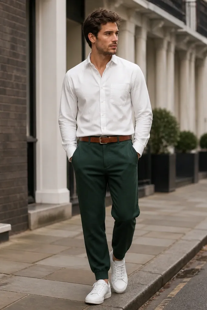Man wearing deep forest green sweatpants with a relaxed taper, paired with a crisp white long-sleeve Oxford button-down tucked at the front. He wears a tan leather belt and white low-top sneakers. Background is a street scene with soft daylight; the outfit looks clean and structured.