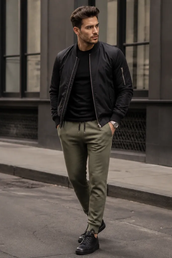 Olive green sweatpants paired with a black bomber jacket over a fitted black crew neck tee. The man wears black leather lace-up sneakers and a silver wristwatch. The bomber has a ribbed collar and cuffs; the outfit looks sleek against an urban background.