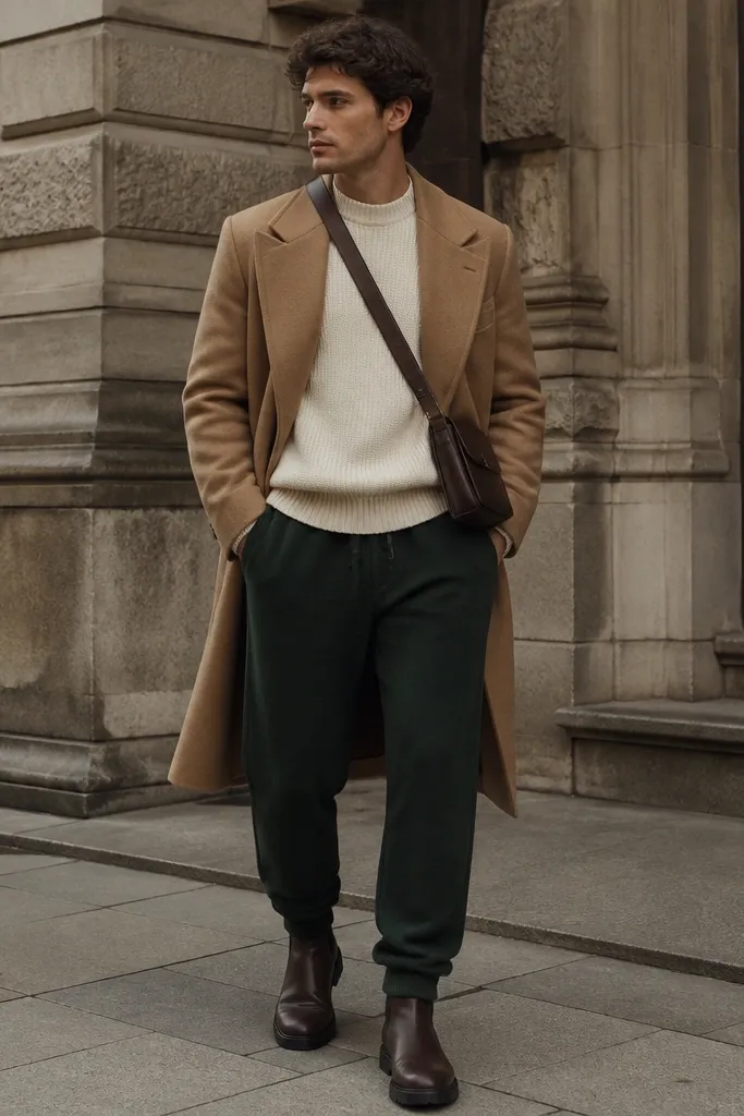 Man wearing deep forest green sweatpants with a camel long overcoat layered over a cream knit sweater. He wears dark brown boots and a simple crossbody bag. The coat falls past the hips; the outfit looks high-end and winter-ready.
