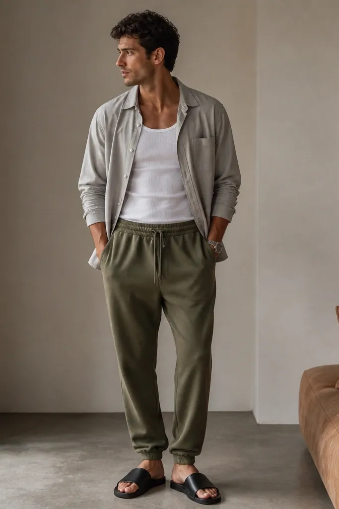 Olive green sweatpants paired with a white ribbed tank top under a light gray overshirt. The man wears black leather slides and a watch. The overshirt is unbuttoned and hangs loosely over the tank.