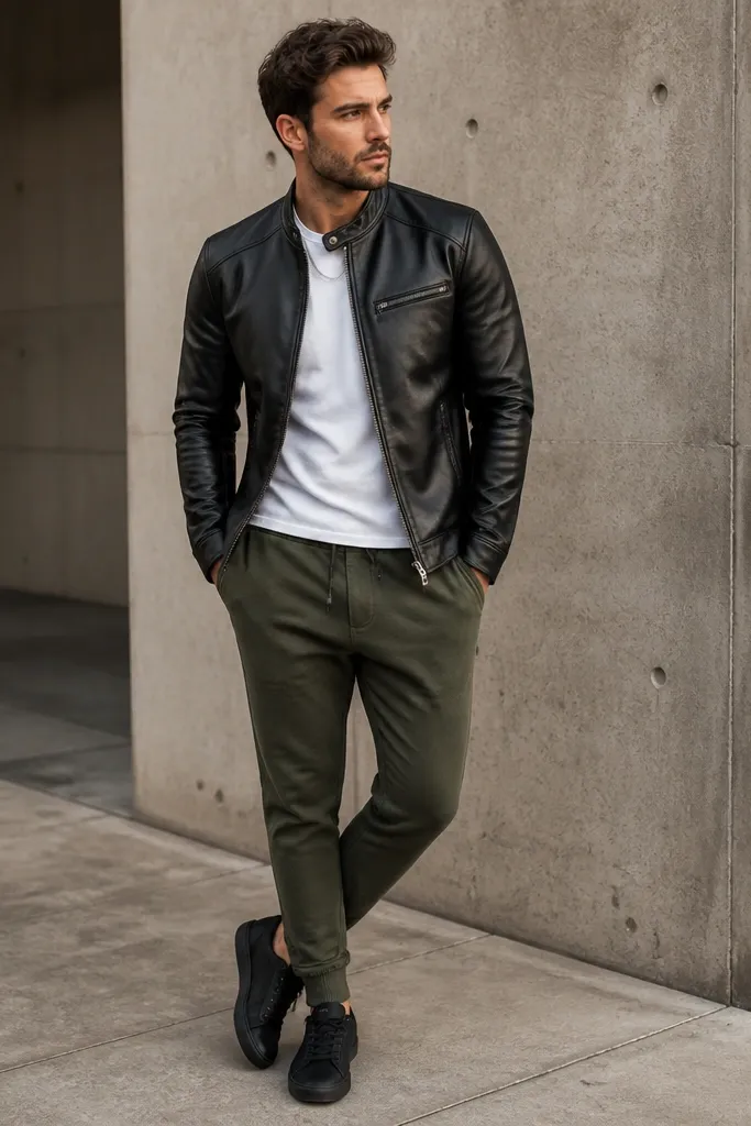 Olive sweatpants with a black leather motorcycle jacket worn over a plain white crew tee. The man has black sneakers and a silver chain necklace. The jacket zips closed and the outfit looks sharp and slightly edgy.