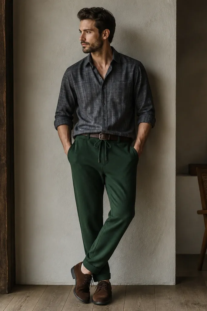 Deep forest green sweatpants paired with a mid-gray flannel button-up, sleeves rolled to the forearm. The man wears brown suede derby shoes and a dark leather belt. The flannel is slightly open at the top.