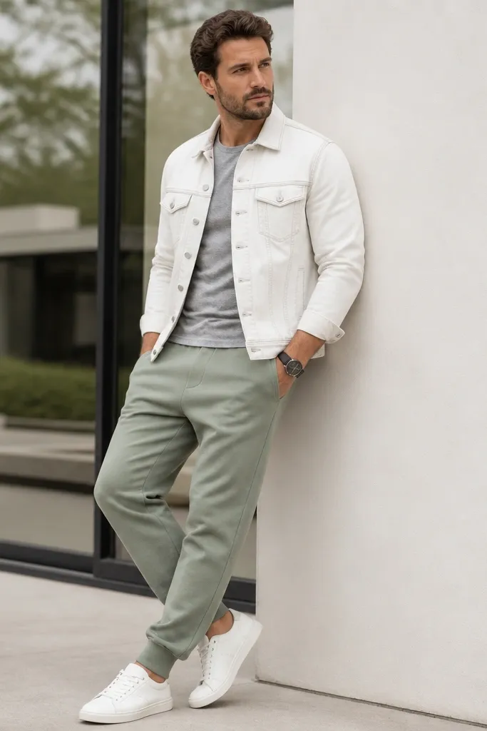 Sage green sweatpants worn with a white denim jacket over a gray crew neck tee. The man wears white sneakers and a black watch. The denim jacket has a light wash and visible stitching.