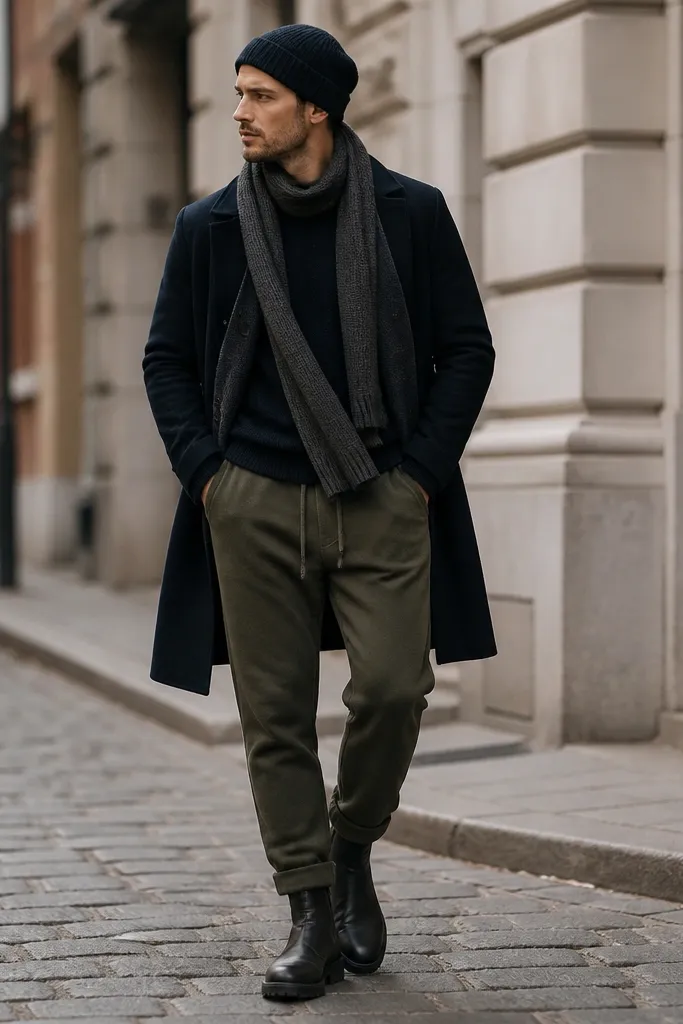 Olive green sweatpants paired with a navy overcoat over a dark sweater. A knit scarf in charcoal gray is draped around the neck. The man wears dark boots and a beanie. The outfit looks winter-ready and polished.