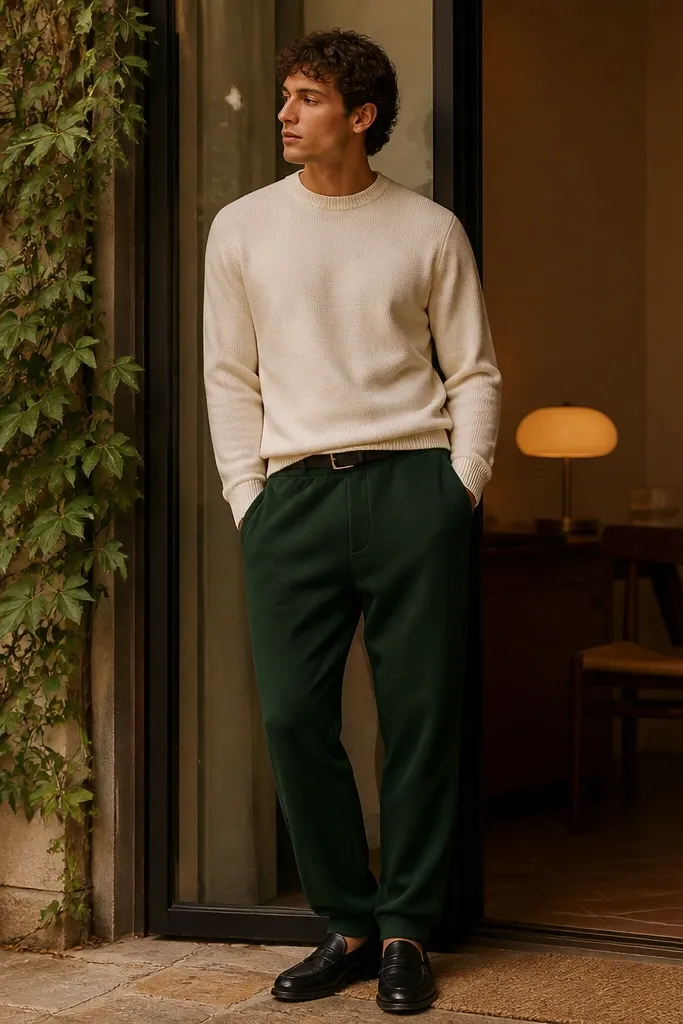 Deep forest green sweatpants styled with a cream crewneck sweater. The sweater sits neatly over the waistband with no tuck. The man wears black leather loafers and a minimal belt. Lighting is warm indoor/outdoor mixed.