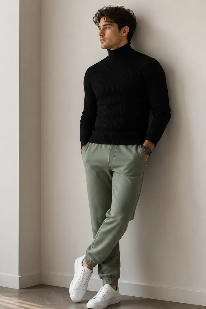 Sage green sweatpants paired with a black ribbed turtleneck. The turtleneck is snug around the neck. The man wears clean white sneakers and a black watch. The outfit looks monochrome upper with sage bottom.