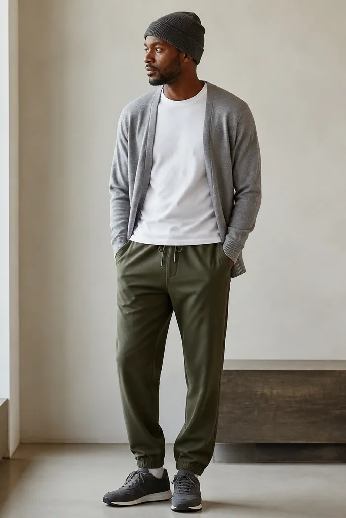 Olive sweatpants with a plain white crew tee and a light gray cardigan worn open. The man wears dark gray sneakers and a simple knit beanie. The cardigan drapes cleanly and the outfit looks calm and refined.