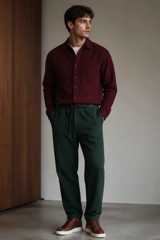 Deep forest green sweatpants paired with a burgundy overshirt over a white tee. The overshirt is buttoned and the collar sits neatly. The man wears brown leather sneakers and a dark belt.
