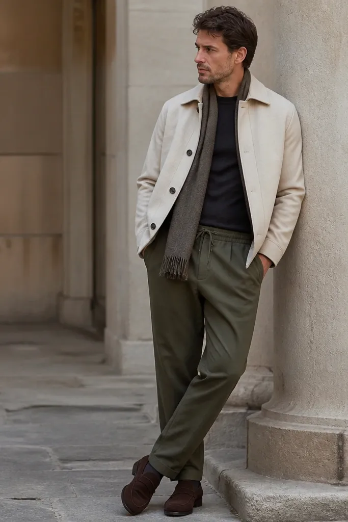 Olive green sweatpants worn with a cream car coat over a fitted black or charcoal tee. The car coat is hip-length with structured shoulders. The man wears dark brown suede shoes and a scarf.