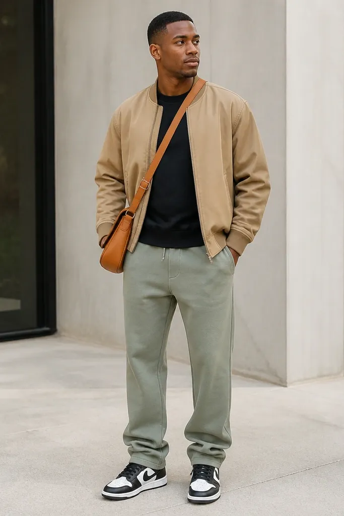 Sage green sweatpants paired with a tan bomber jacket over a black crewneck sweatshirt. The man wears black-and-white sneakers and a crossbody bag in tan leather. The bomber has ribbed cuffs and a clean zipper.