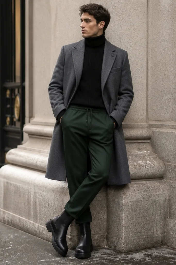 Forest green sweatpants paired with a medium gray overcoat and a black ribbed turtleneck. The man wears black boots and keeps the turtleneck fully up. The outfit looks winter-polished and photo-ready.