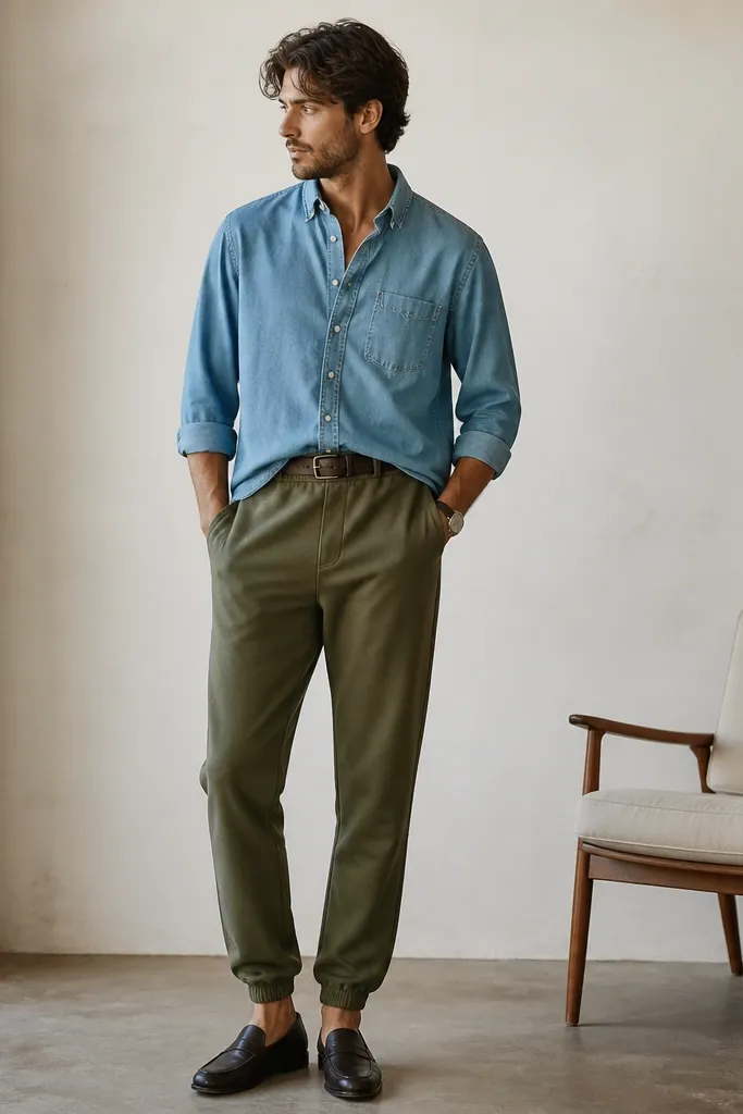 Olive green sweatpants with a light blue denim button-up worn partly tucked. The man wears dark leather loafers and a brown belt. He has a simple wristwatch and the look is clean and casual.