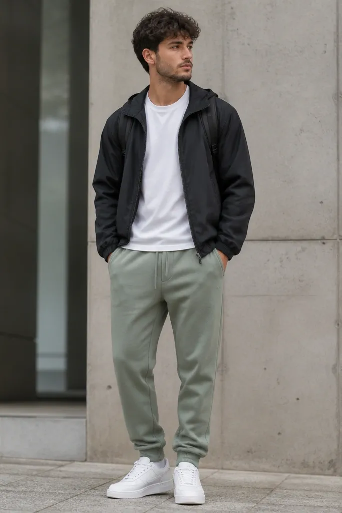 Sage green sweatpants paired with a black windbreaker jacket over a white tee. The jacket has a lightweight nylon look and a visible zipper. The man wears white sneakers and carries a small backpack.