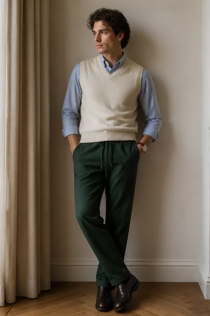 Deep forest green sweatpants with a cream knit vest layered over a light blue button-up. The vest is fitted and the shirt collar peeks out. The man wears brown leather shoes and a watch.