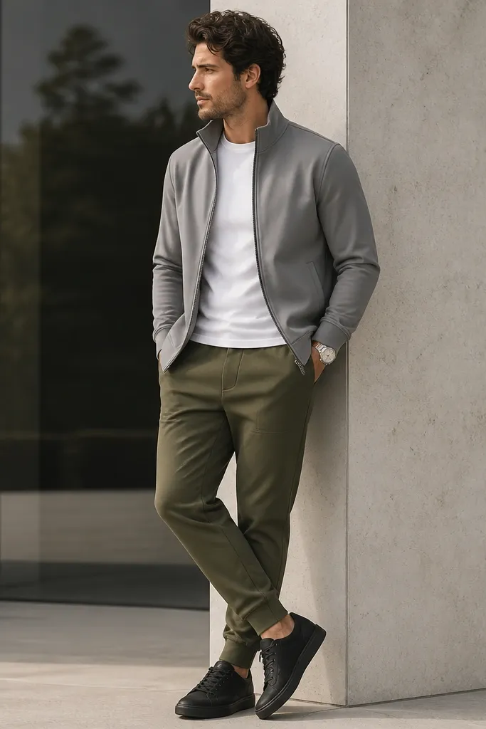 Olive green sweatpants with a fitted white t-shirt and a gray jacket with a stand collar. The jacket is half-zipped and has a clean, minimal look. The man wears black sneakers and a silver watch.