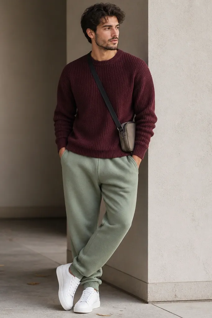 Sage green sweatpants paired with a burgundy crewneck sweatshirt. The crewneck has a thick knit and ribbed cuffs. The man wears clean white sneakers and a small crossbody bag with dark strap.
