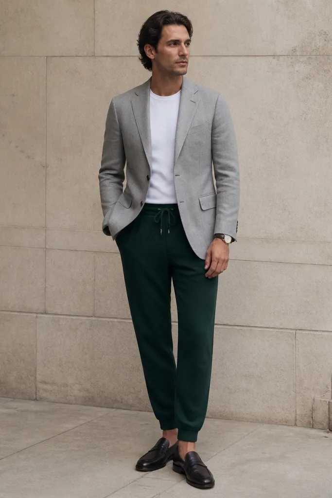 Deep forest green sweatpants paired with a light gray tailored blazer worn over a white crew tee. The blazer is fitted at the waist and the sleeves end at the wrist. The man wears dark loafers and a simple watch.