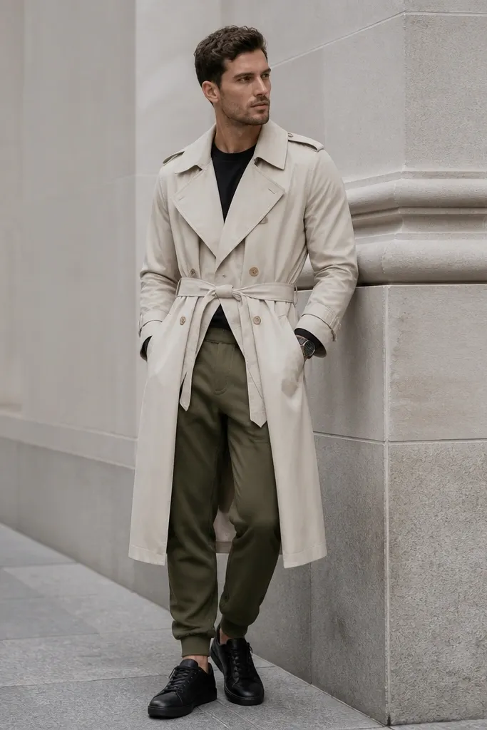 Olive green sweatpants paired with a cream trench coat layered over a black t-shirt. The trench is belted at the waist and the coat falls to mid-calf. The man wears black leather sneakers and a watch.