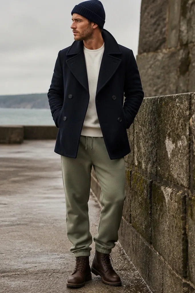 Sage green sweatpants paired with a navy peacoat with wide lapels over a white crew neck sweatshirt. The man wears dark brown boots and a knit beanie. The outfit looks winter-classic and clean.