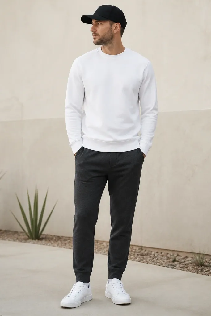 A man stands outdoors in charcoal grey sweatpants with a tapered ankle. He wears a crisp white crewneck sweatshirt and clean white leather low-top sneakers with minimal branding. A black baseball cap sits on his head, and the outfit looks matte and sharp.