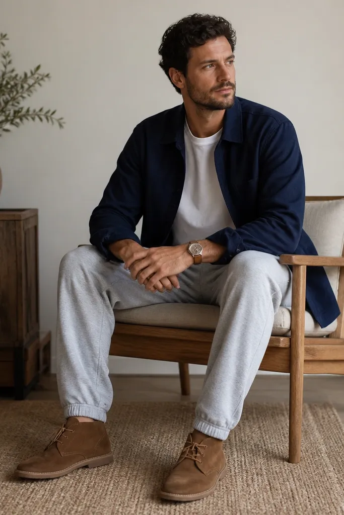 A seated full-body shot shows light heather grey sweatpants and a navy overshirt layered over a plain white tee. The man wears brown suede desert-style shoes and a simple watch. The overshirt is open at the front, showing a clean tee neckline.